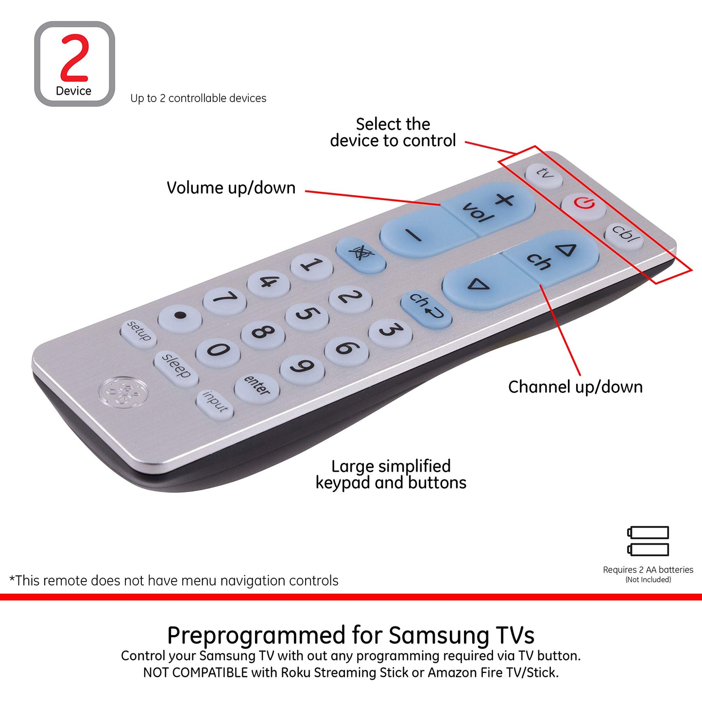 GE Big Button Universal Remote Control for Samsung, Vizio, Lg, Sony, Sharp, Roku, Apple TV, TCL, Panasonic, Smart TVs, Streaming Players, Blu-Ray