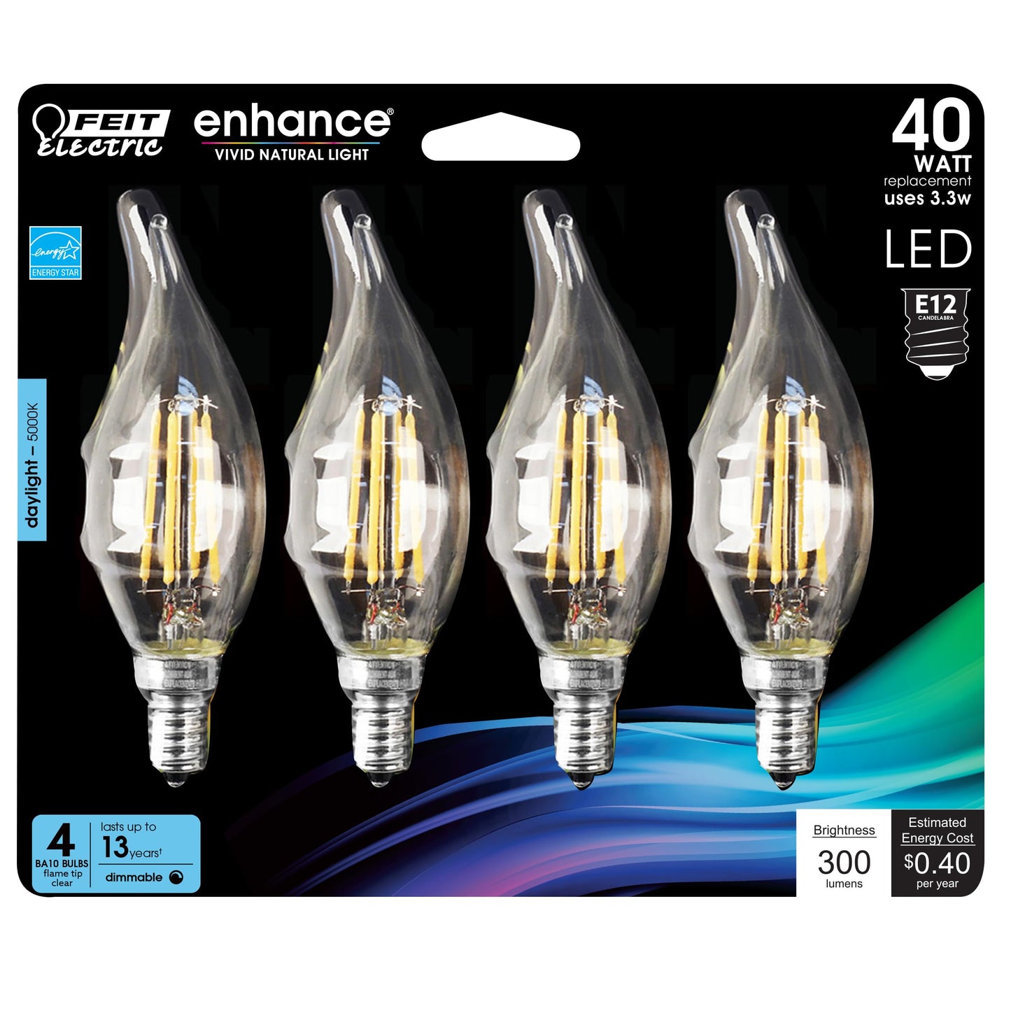 Feit Electric Candelabra LED Light Bulbs, Dimmable, 40W Equivalent, E12 Base, 5000K Daylight White, Vintage B10 Filament Candle Light Bulb