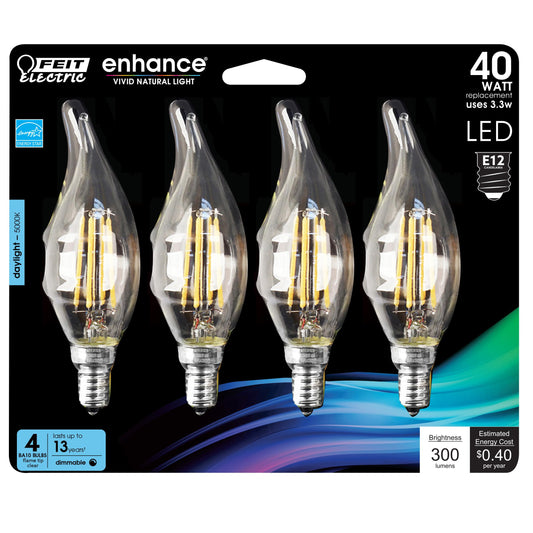 Feit Electric Candelabra LED Light Bulbs, Dimmable, 40W Equivalent, E12 Base, 5000K Daylight White, Vintage B10 Filament Candle Light Bulb
