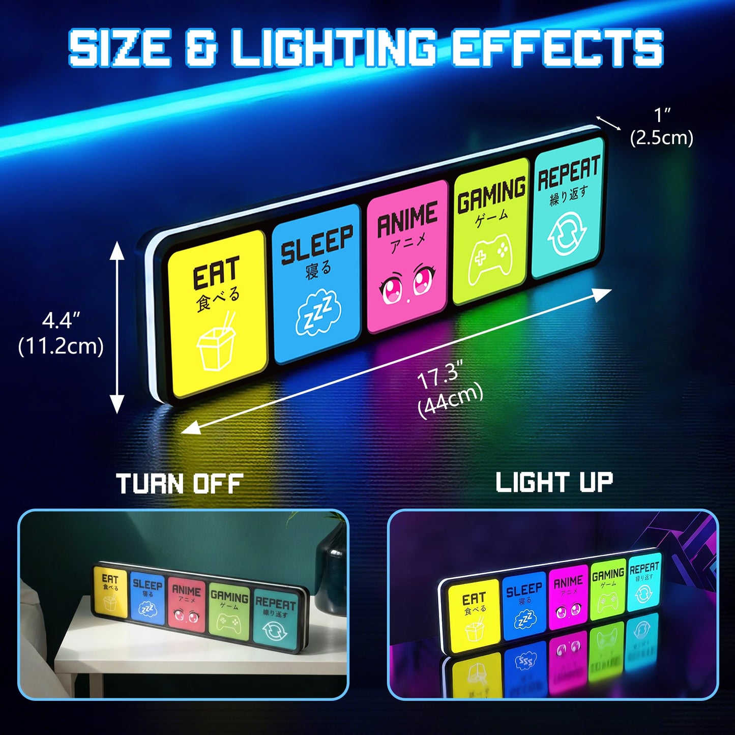 Tokeneon Eat Sleep Anime Gaming Repeat LED Light Sign, Dimmable LED Gaming Room Decor Wall Light, Game Setup Room Sign for Bedroom, Neon Gaming Decor
