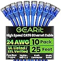 GEARit Cat 6 Ethernet Patch Cable 25 ft Blue (10 Pack) - Cat6 Patch Cables 25ft Blue/Ethernet Patch Cable, 10Gbps 550MHz 24AWG Pure Copper, Snagless