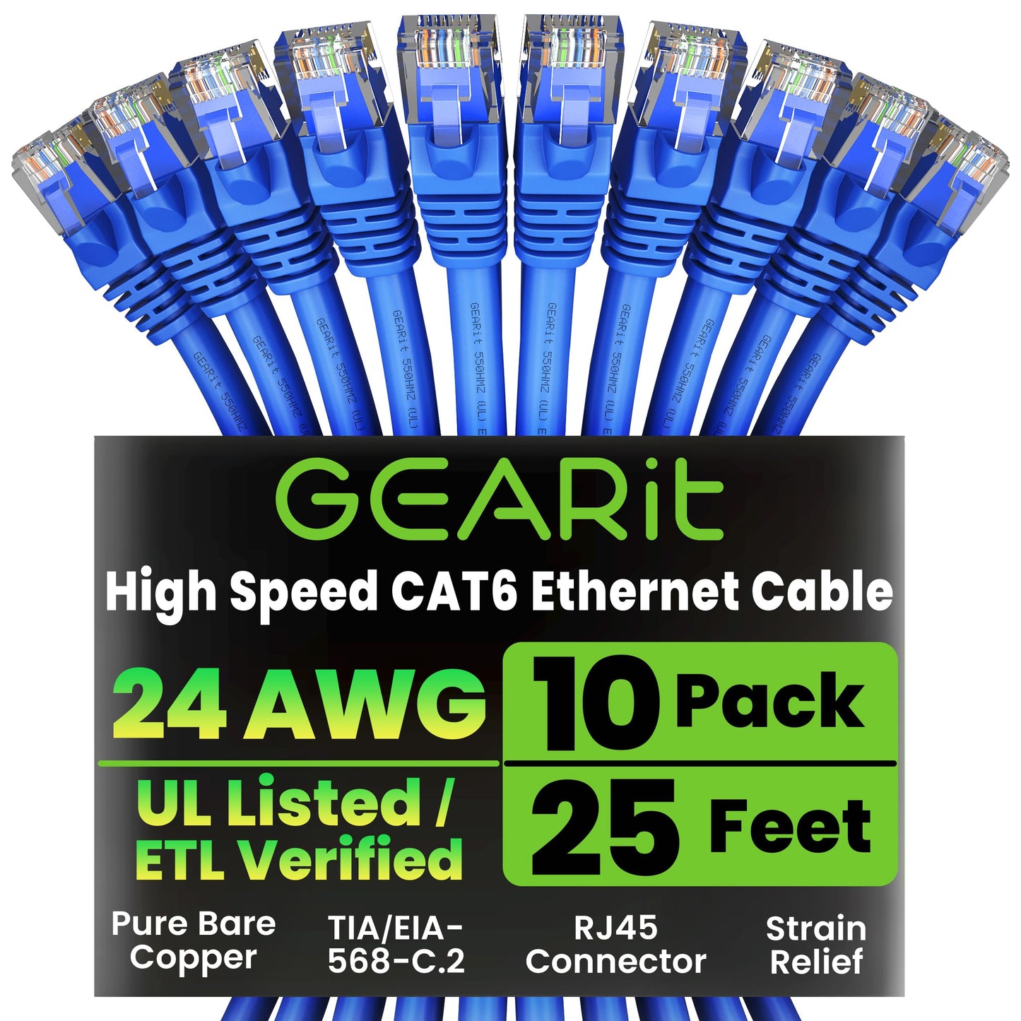 GEARit Cat 6 Ethernet Patch Cable 25 ft Blue (10 Pack) - Cat6 Patch Cables 25ft Blue/Ethernet Patch Cable, 10Gbps 550MHz 24AWG Pure Copper, Snagless