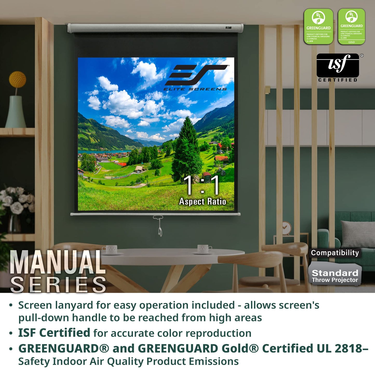 Elite Screens Manual Series, 71-INCH 1:1, Pull Down Manual Projector Screen with AUTO LOCK, Movie Home Theater 8K / 4K Ultra HD 3D Ready, 2-YEAR