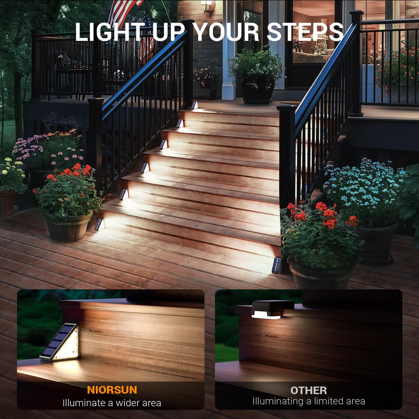 NIORSUN Outdoor Step Lights, 12 Pack Solar Stair Lights Outdoor Waterproof IP67 Auto On Off, Solar Lights for Steps,Stair,Patio,Yard,Porch,Front