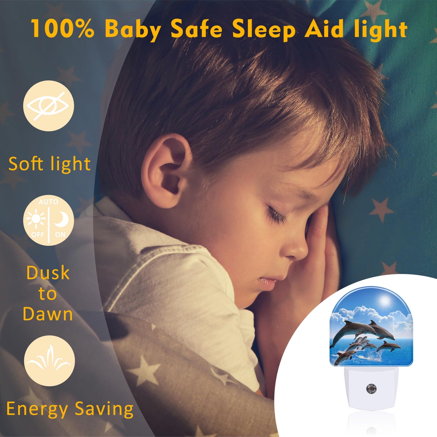 sndheke Jumping Dolphins Night Light Plug into Wall, Blue Sea and Bright Sky Dusk to Dawn Night Light Plug in,0.5w Energy Saving Sleep Friendly