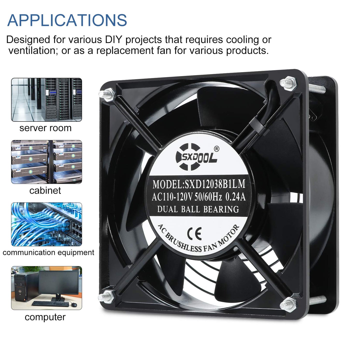 SXDOOL AXIAL Cooling Fan 12cm, AC 115V 120V 120mm x 38mm High Speed CFM with Switch Power Cord, for DIY Ventilation Exhaust Projects