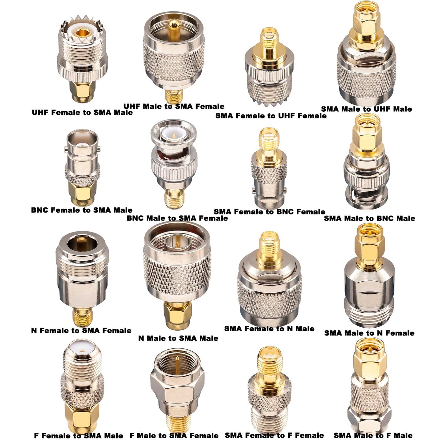 YOTENKO 16-Piece SMA Adapter Kit: SMA to BNC, N, F, UHF (PL259/SO239) Coaxial Connectors, Gold-Plated Brass RF Adapter Set for RTL-SDR Dongles, Ham