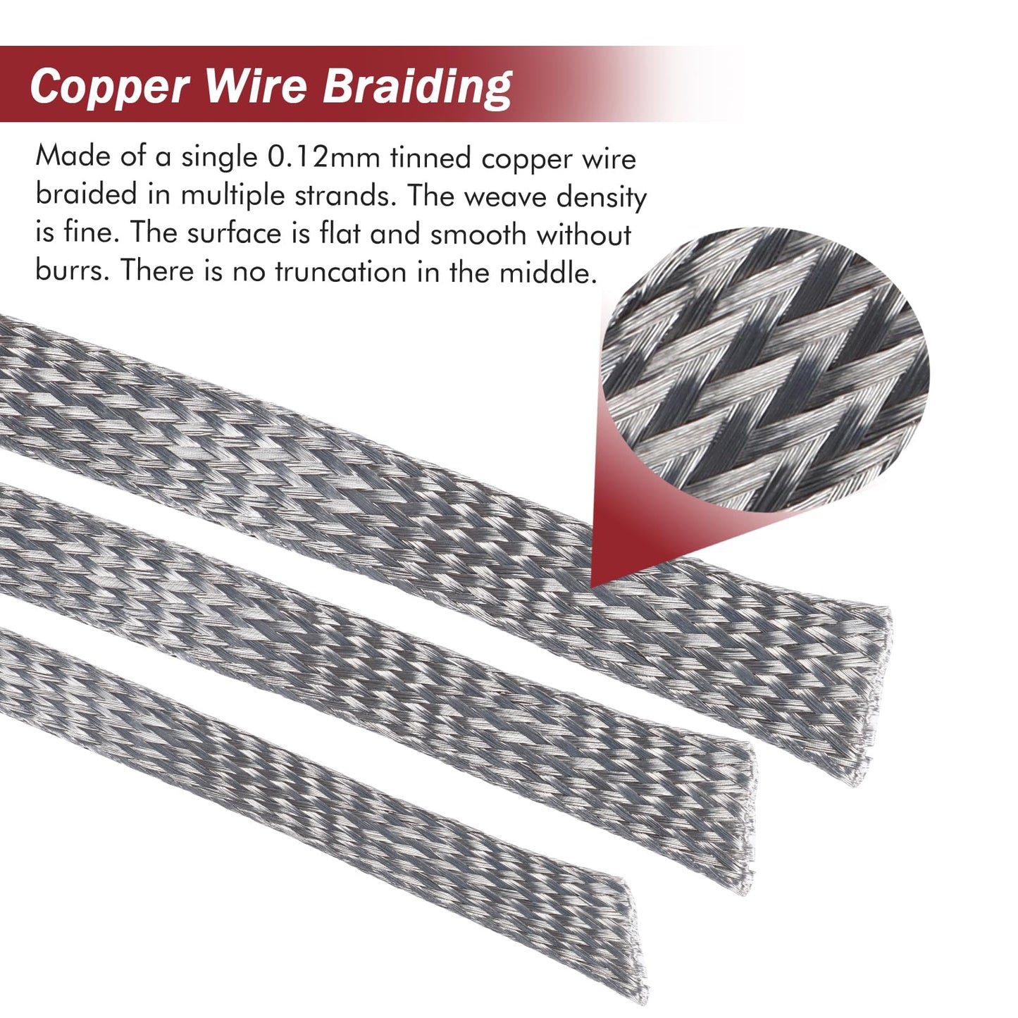 BuyUneed Tinned Copper Metal Braid Sleeving Wire Shielding Sleeve Braided Copper Ground Straps EMI/RFI Interference Expandable Flat Mesh Shielding