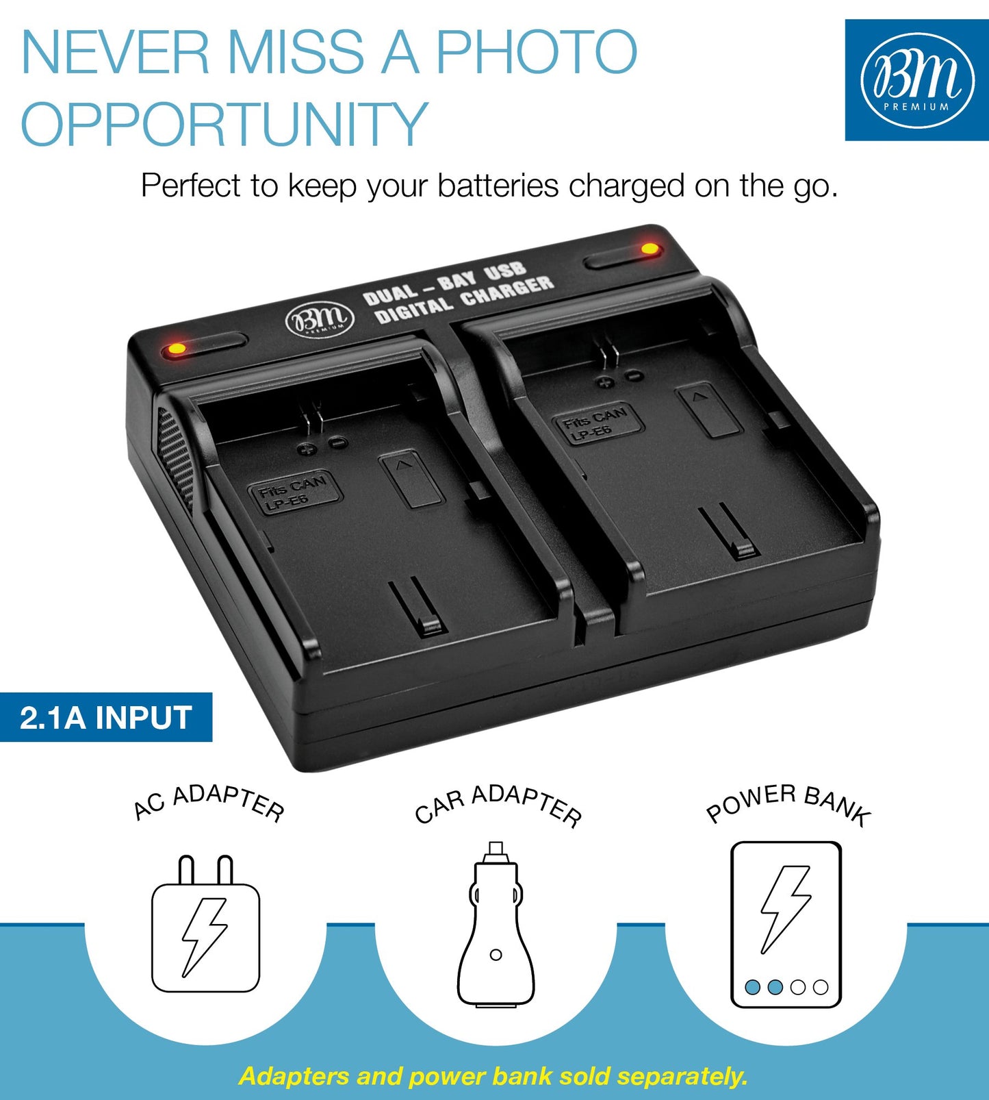 BM LP-E6, LP-E6N Dual Bay Battery Charger for Canon EOS R, EOS 90D, EOS 60D, EOS 70D, EOS 80D, EOS 5D II, EOS 5D III, EOS 5D IV, EOS 5Ds, EOS 6D, EOS
