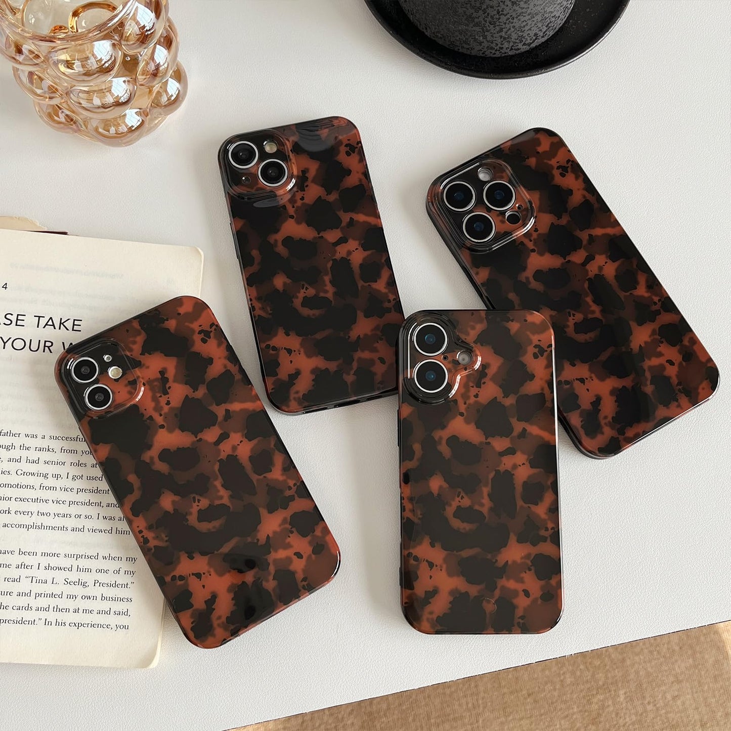 Huahuacase Compatible with for iPhone 15 Case, Tortoise Shell Retro Amber Brown Cheetah Print Leopard, Fashion Classic Soft TPU Protective Shockproof