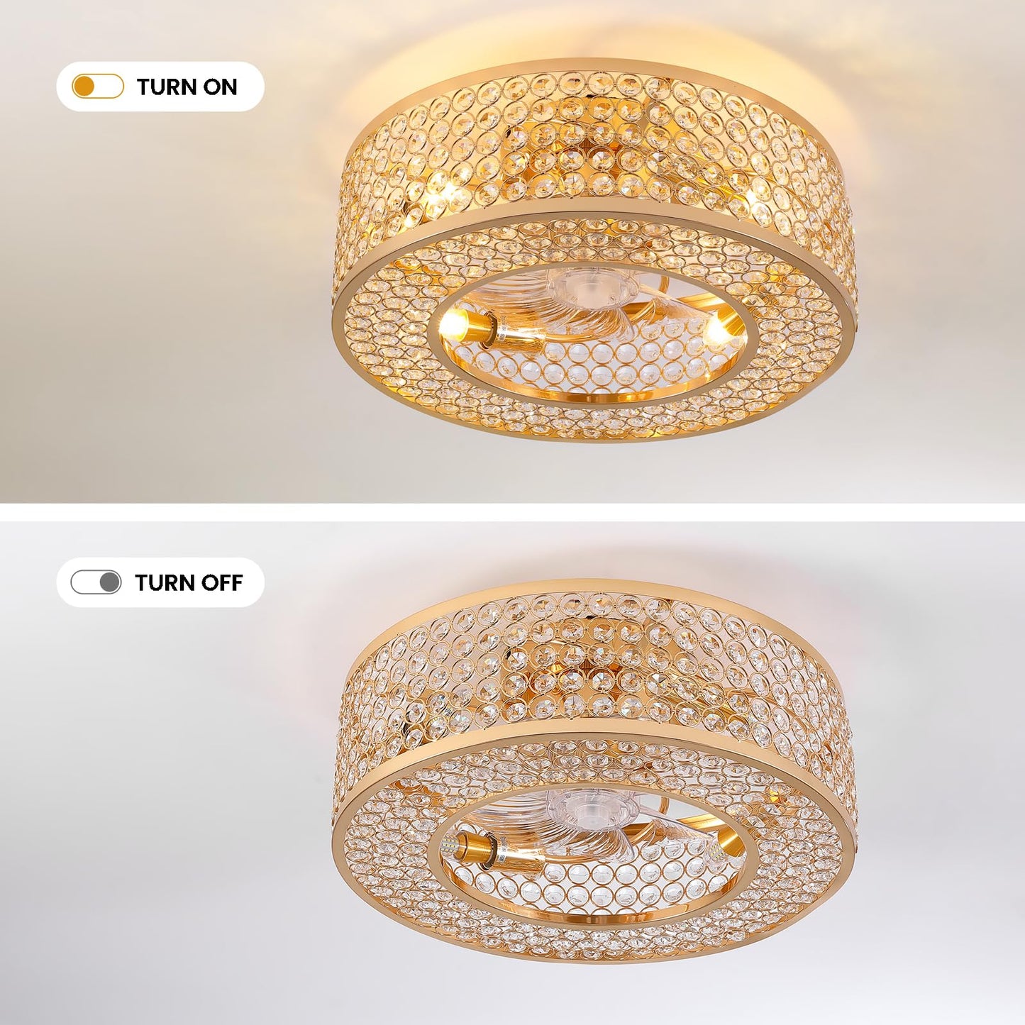 APBEAMLighting 20" Caged Crystal Ceiling Fan with Lights Flush Mount Gold Fandelier Low Profile Chandelier Fan Enclosed Ceiling Fan Light Fixtures