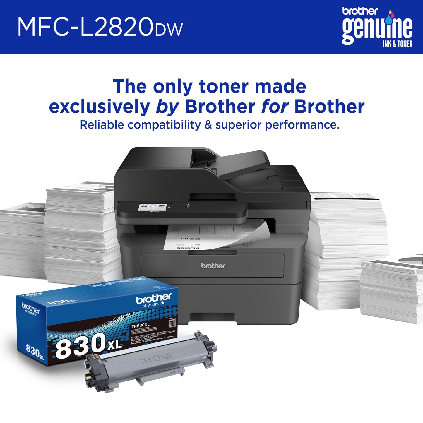 Brother MFC-L2820DW Wireless Compact Monochrome All-in-One Laser Printer with Copy, Scan and Fax, Duplex, Black & White | Includes Refresh