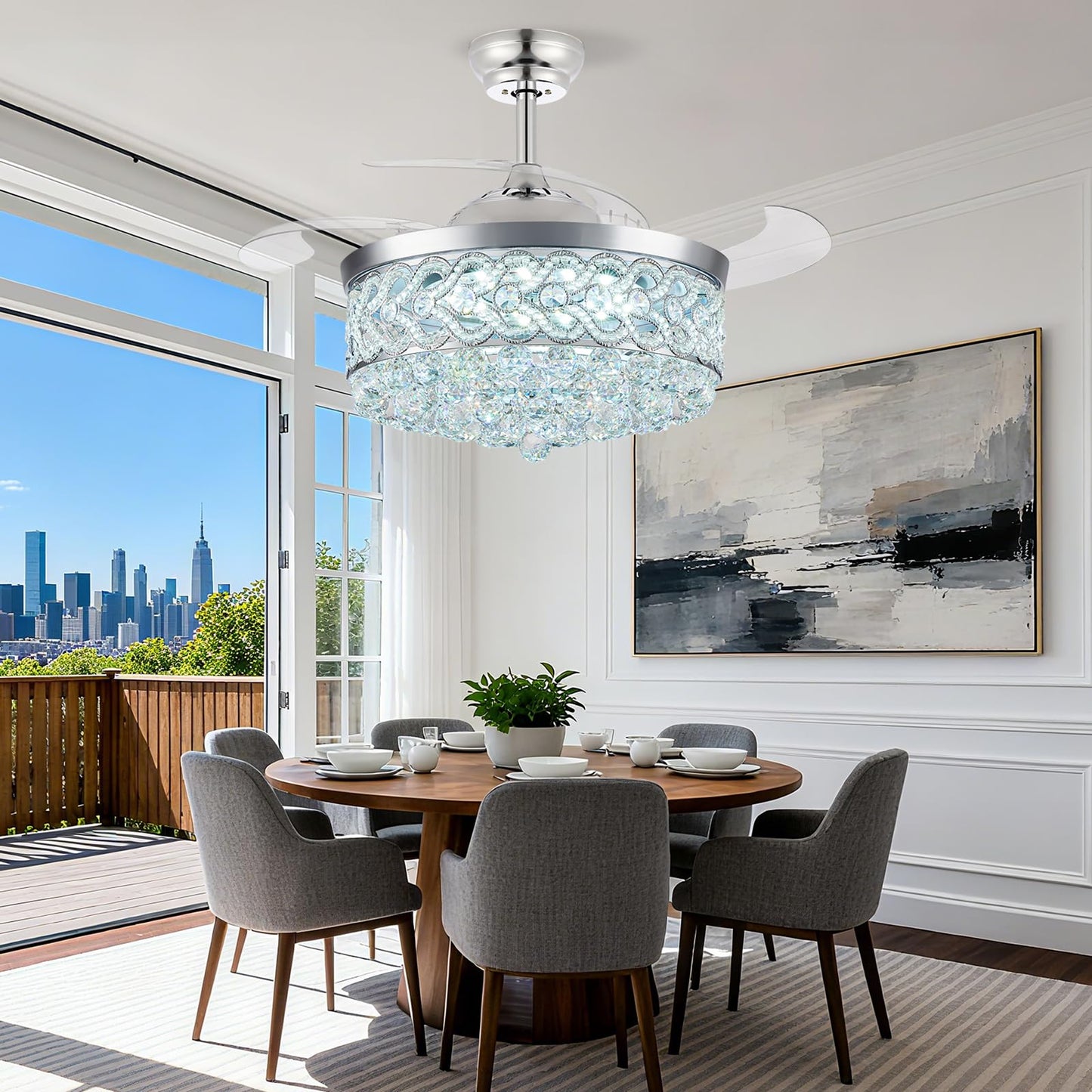 48 Inch Fandelier Ceiling Fan with Lights Crystal Fandaliers Ceiling Fan with Remote Dimmable 500-6500K Retractable Blades Fan Chandelier Fan