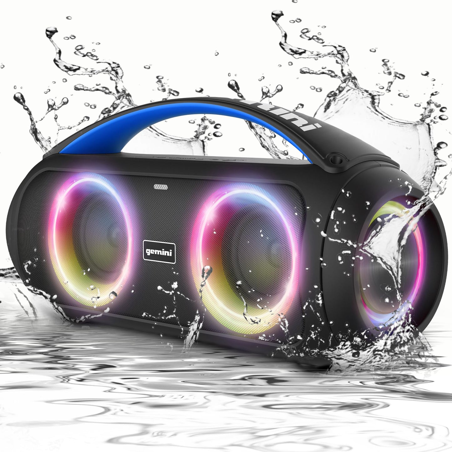 Gemini Portable Bluetooth Boombox Speaker with Deep Bass, LED Party Lights, FM Radio, USB, Mic Input & 7-Hour Battery - Rechargeable Wireless Speaker