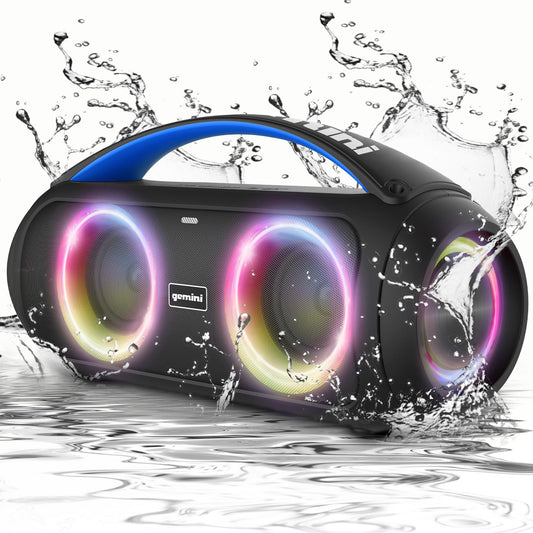 Gemini Portable Bluetooth Boombox Speaker with Deep Bass, LED Party Lights, FM Radio, USB, Mic Input & 7-Hour Battery - Rechargeable Wireless Speaker