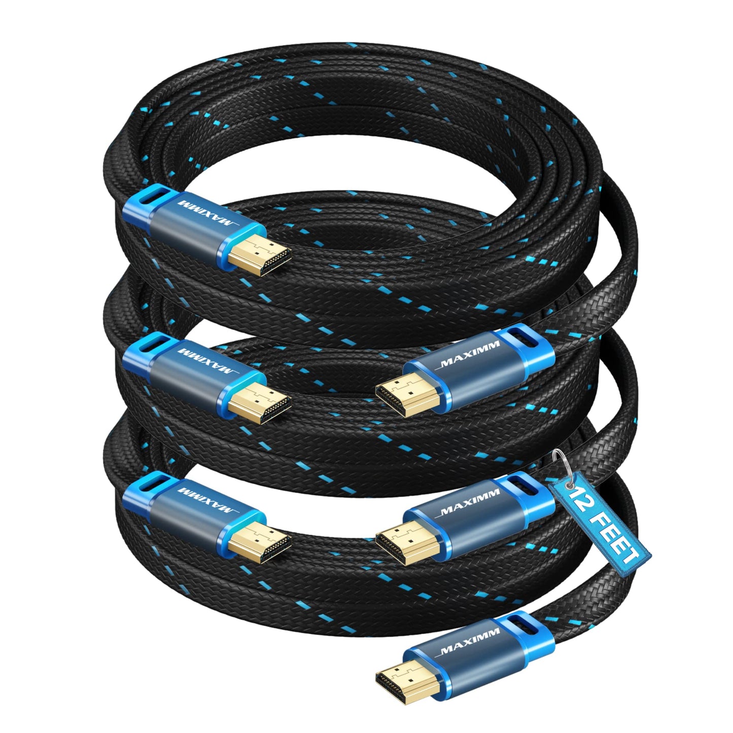 Maximm 4K HDMI Cable 12ft, Super-Slim Flat Space-Saving, High-Speed HDR HDMI 2.0 Braided Cord, 3-Pack