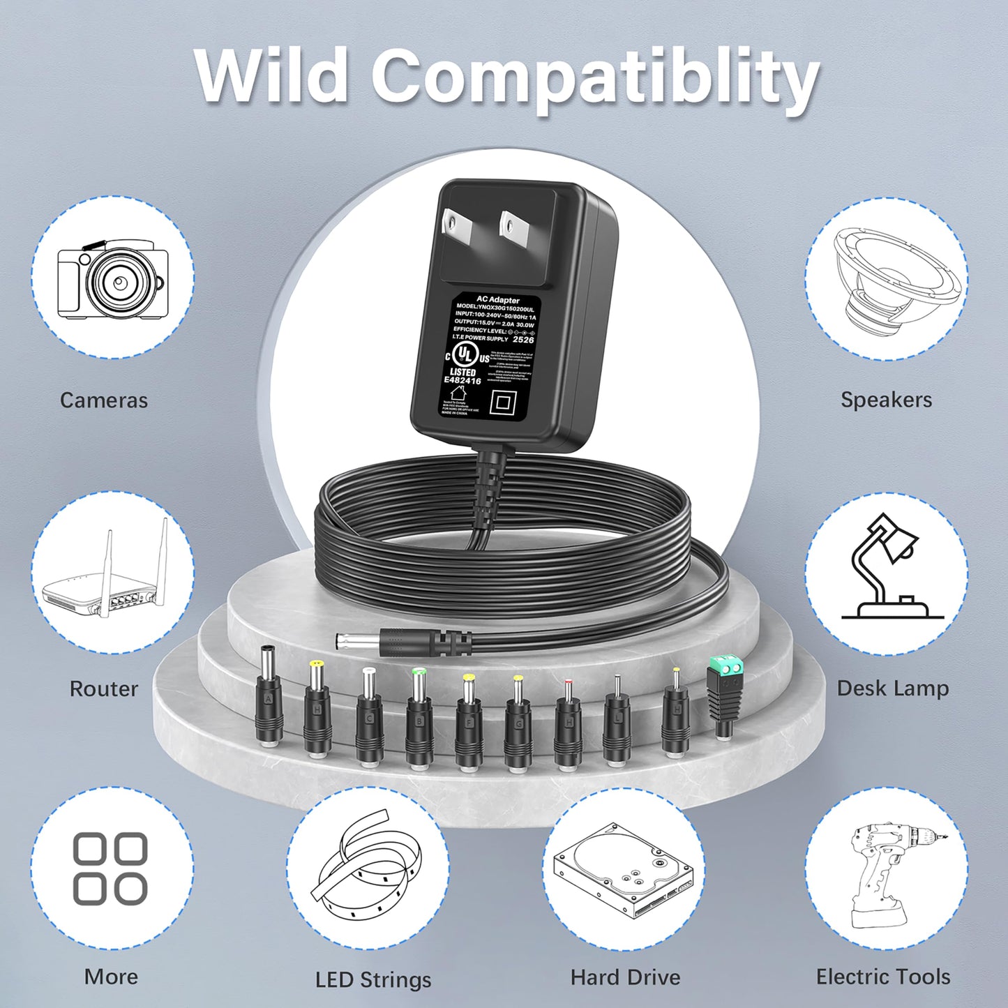 15V 2A 1.5A AC Adapter Power Supply Charger, 30W Universal Switching Power Cord Charger with 10 Multi Jacks DC Plug for 300mA 400mA 500mA 600mA 700mA…