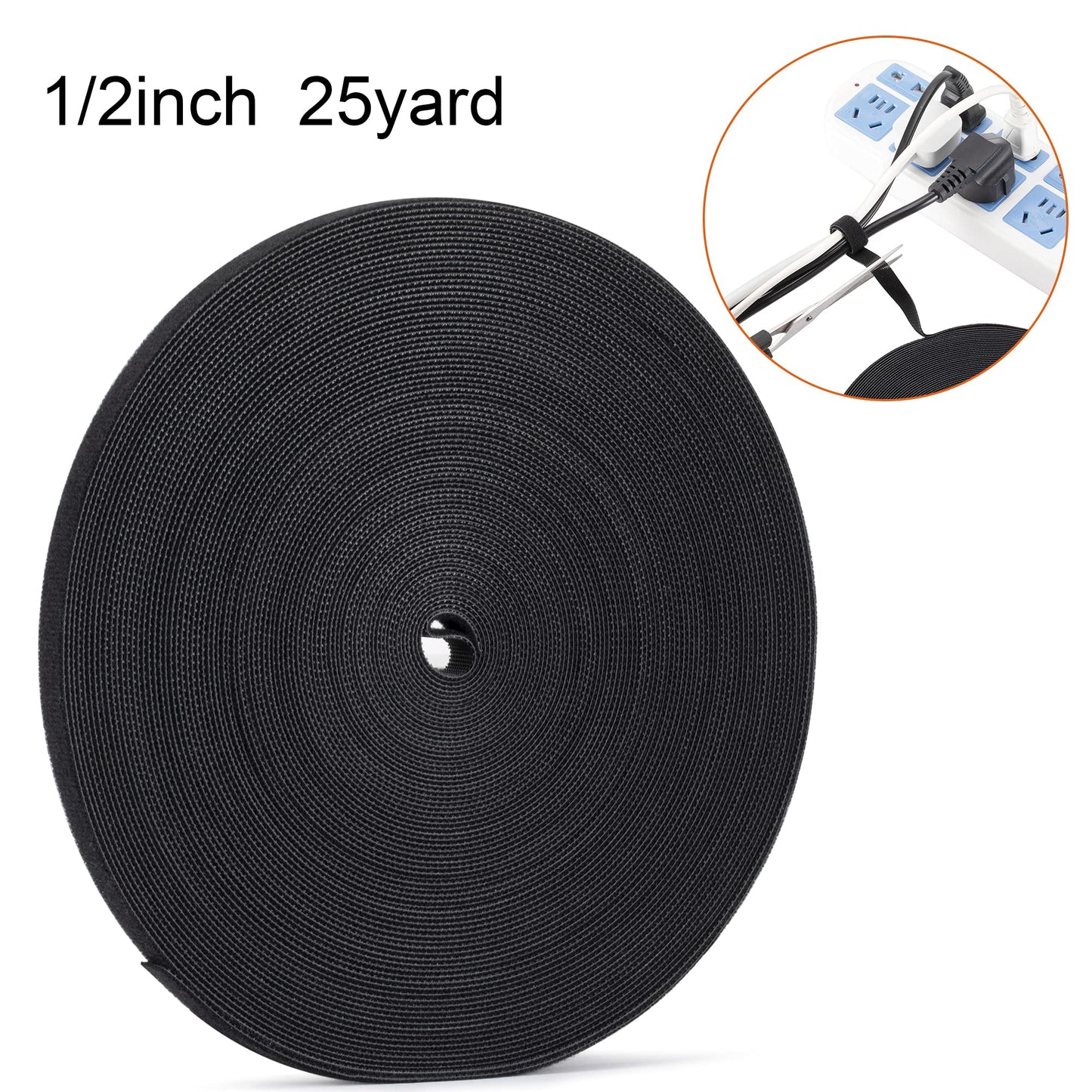 XINYIBO 1/2 inch Reusable Fastening Tape Cable Ties Double-Sided Hook-and-Loop Cable Management Tape (Black 25 Yards)