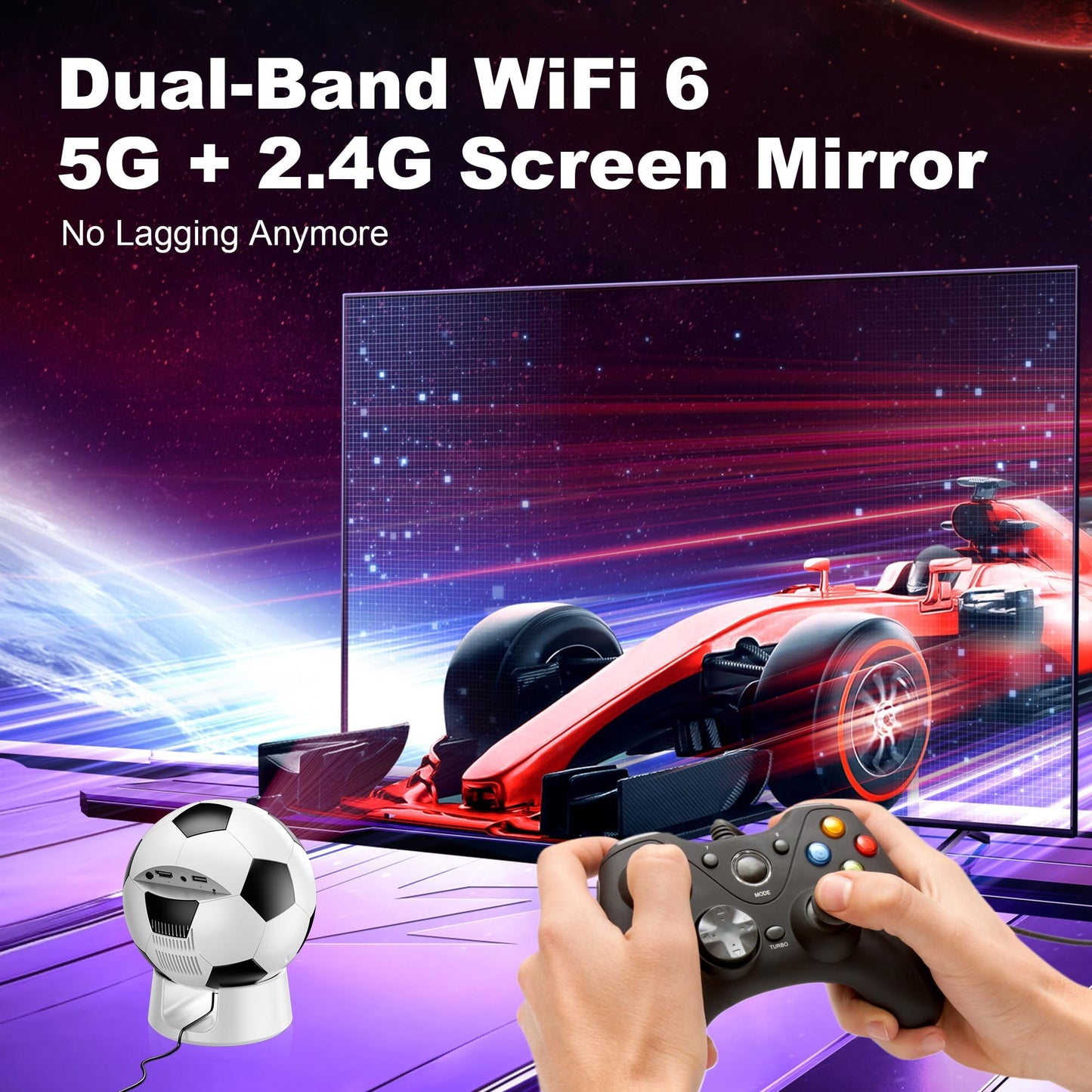Soccer Fan's Ultimate Native 1080P Projector with Built-in Apps, Bluetooth Projector with Dual Bond Wi-Fi 6, 180° Rotatable Integrated stand, Gift