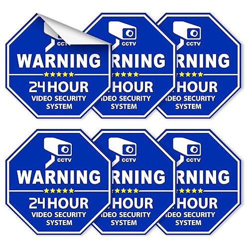 6 Pcs Security Camera Stickers - Security Cameras Signs to Put on Door, 3.3 x 3.3 Convenient Size, Sleek Hexagonal Design, Water and Wear Resistant