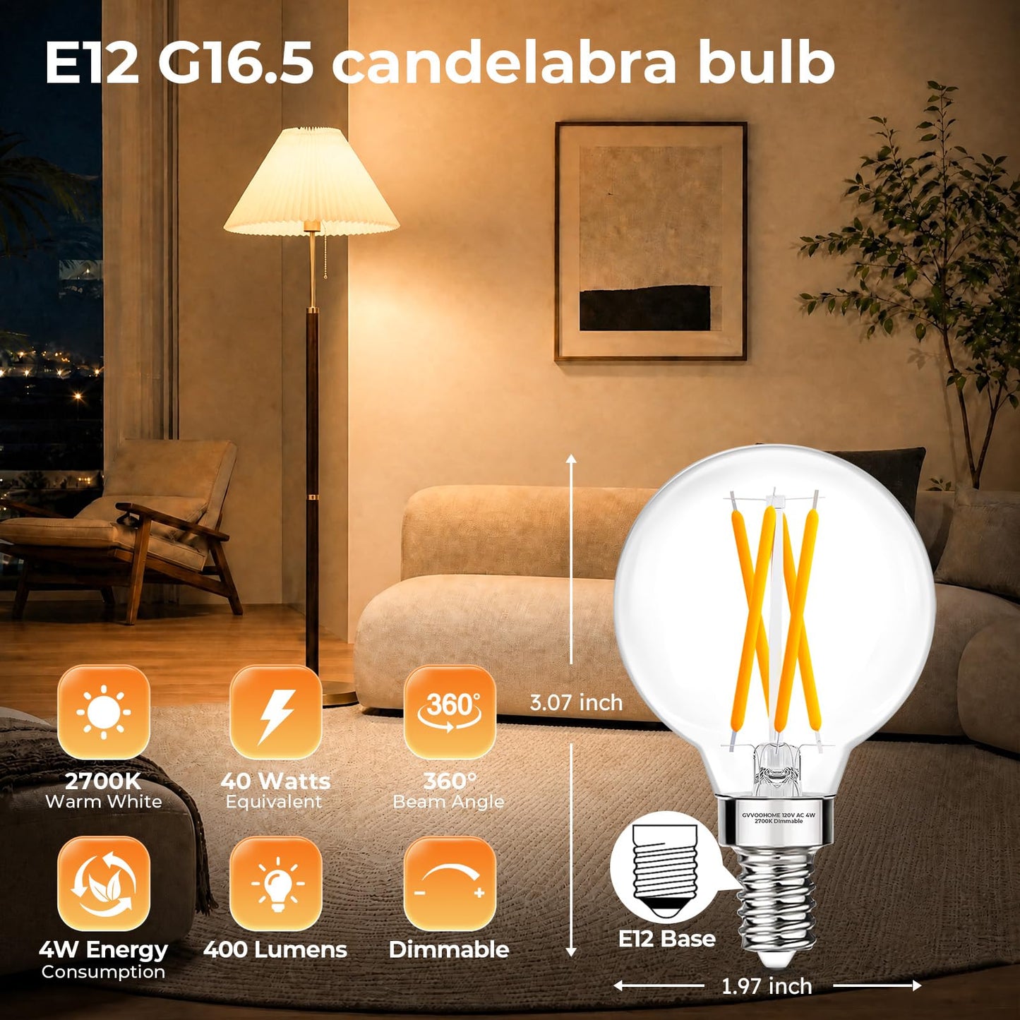 E12 Candelabra Base G16.5 Globe LED Bulb, 2700K Warm White, 40W Equivalent