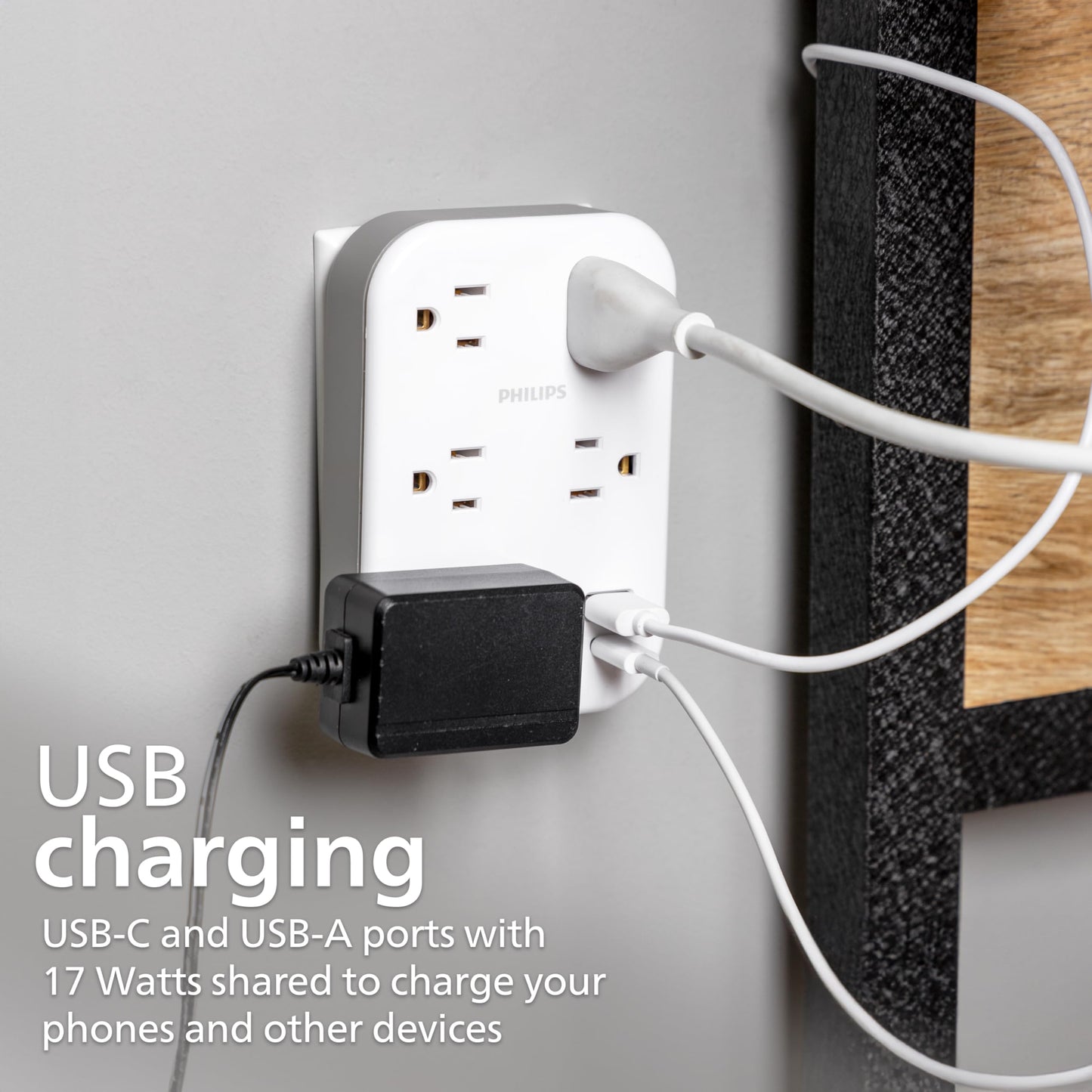 Philips EZFit 5-Outlet Extender Wall Tap with Surge Protection, Grounded Adapter, Charging Station, 3 Prong, 1 USB-A, 1 USB-C, 900J, White