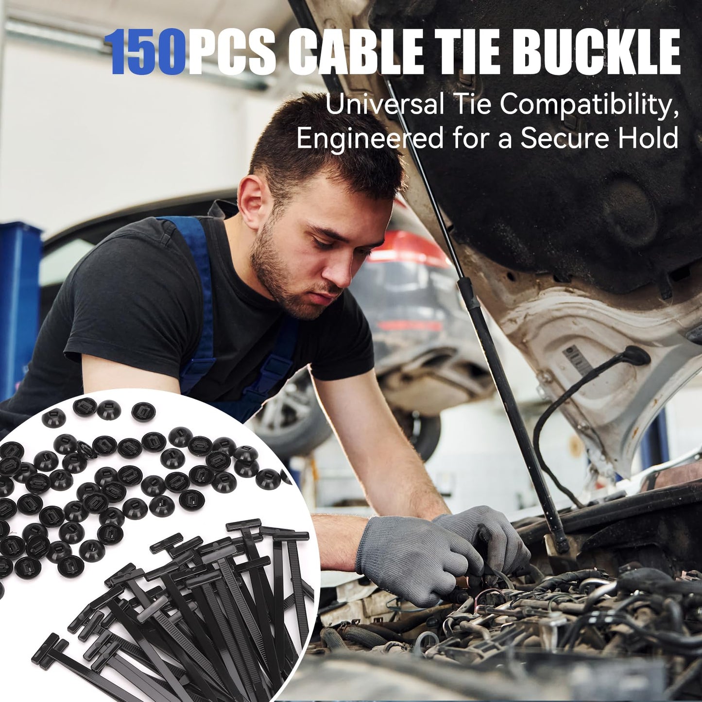 Nylon Universal Cable Tie Buckles, Heavy Duty & Self-Locking Buckle Cable Ties, UV-Resistant Zip Ties for Bundling, Car & Daily Home Repair (150)
