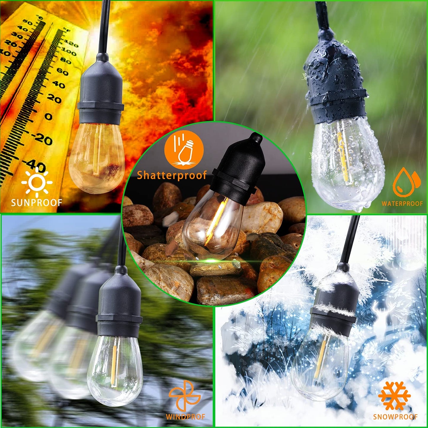 EIKOSON ???????? LED Outdoor String Lights with ???? Weatherproof Shatterproof Edison ?????? ??????????(2 ??????????)?Commercial Grade Waterproof Hanging Lights