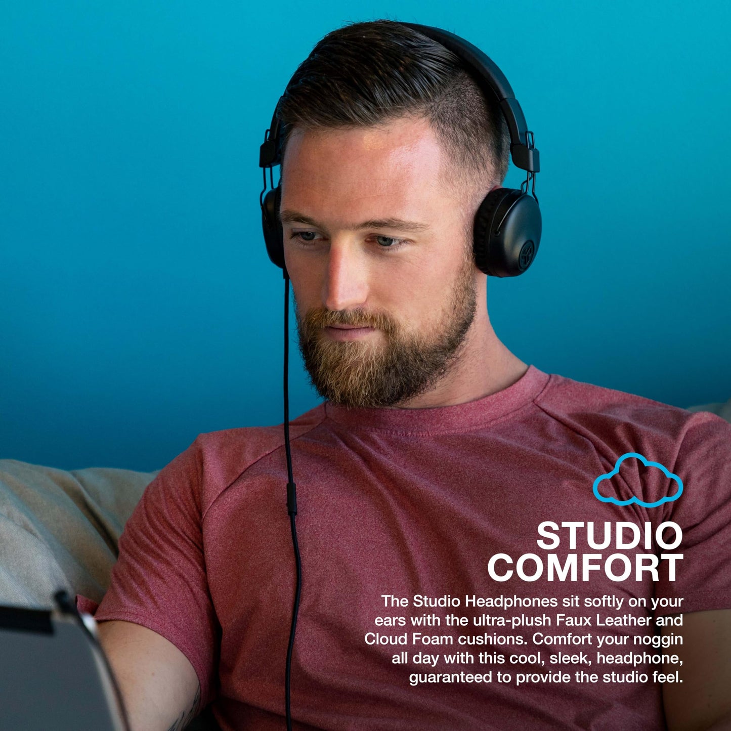 JLab Studio on-Ear Headphones with 40mm Drivers, Tangle-Free Braided Cord, Foldable, Black