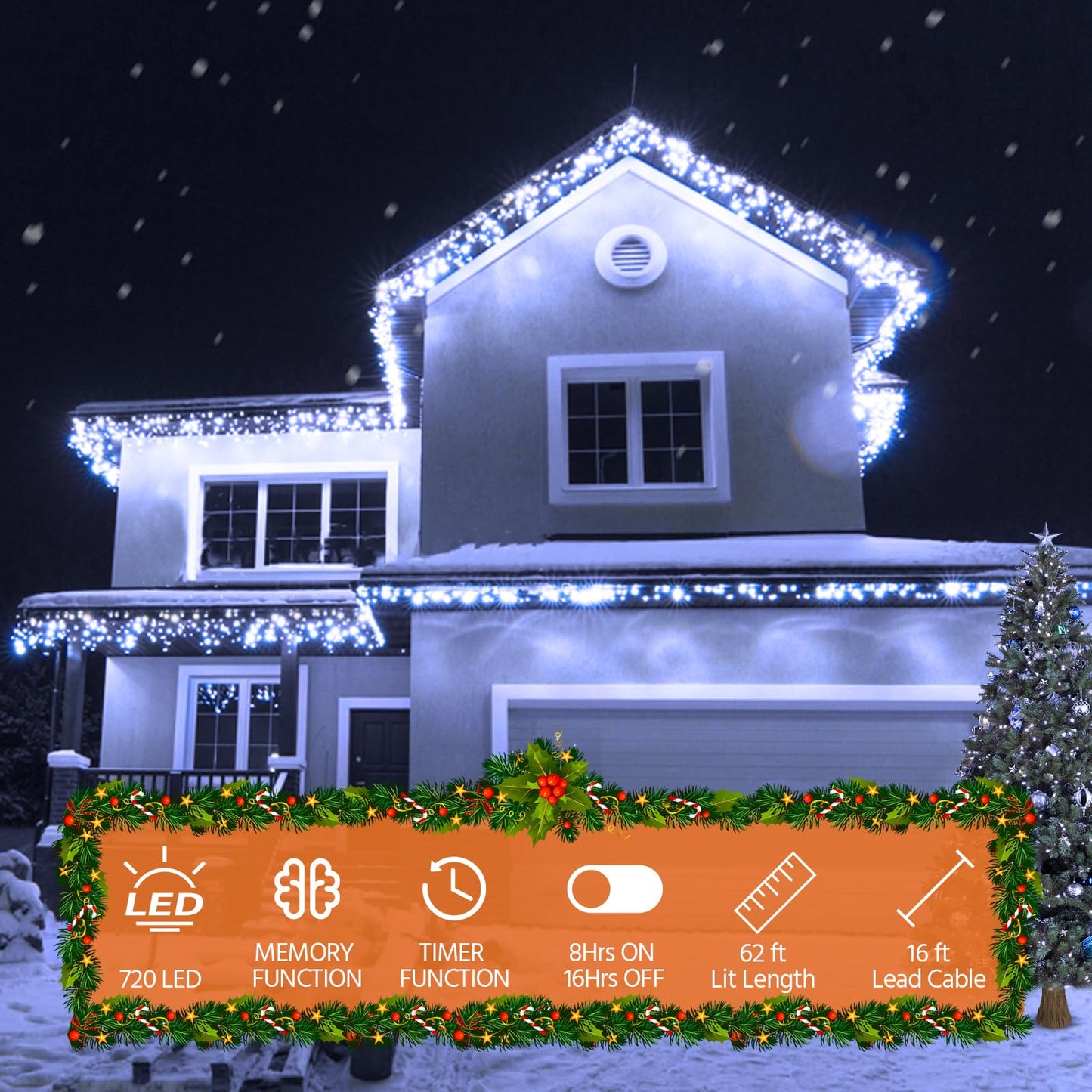 USOKYO Icicle Christmas Lights, 62FT LED Icicle String Lights with 144 Drops, Outdoor/Indoor Use, 8 Modes, Cool White