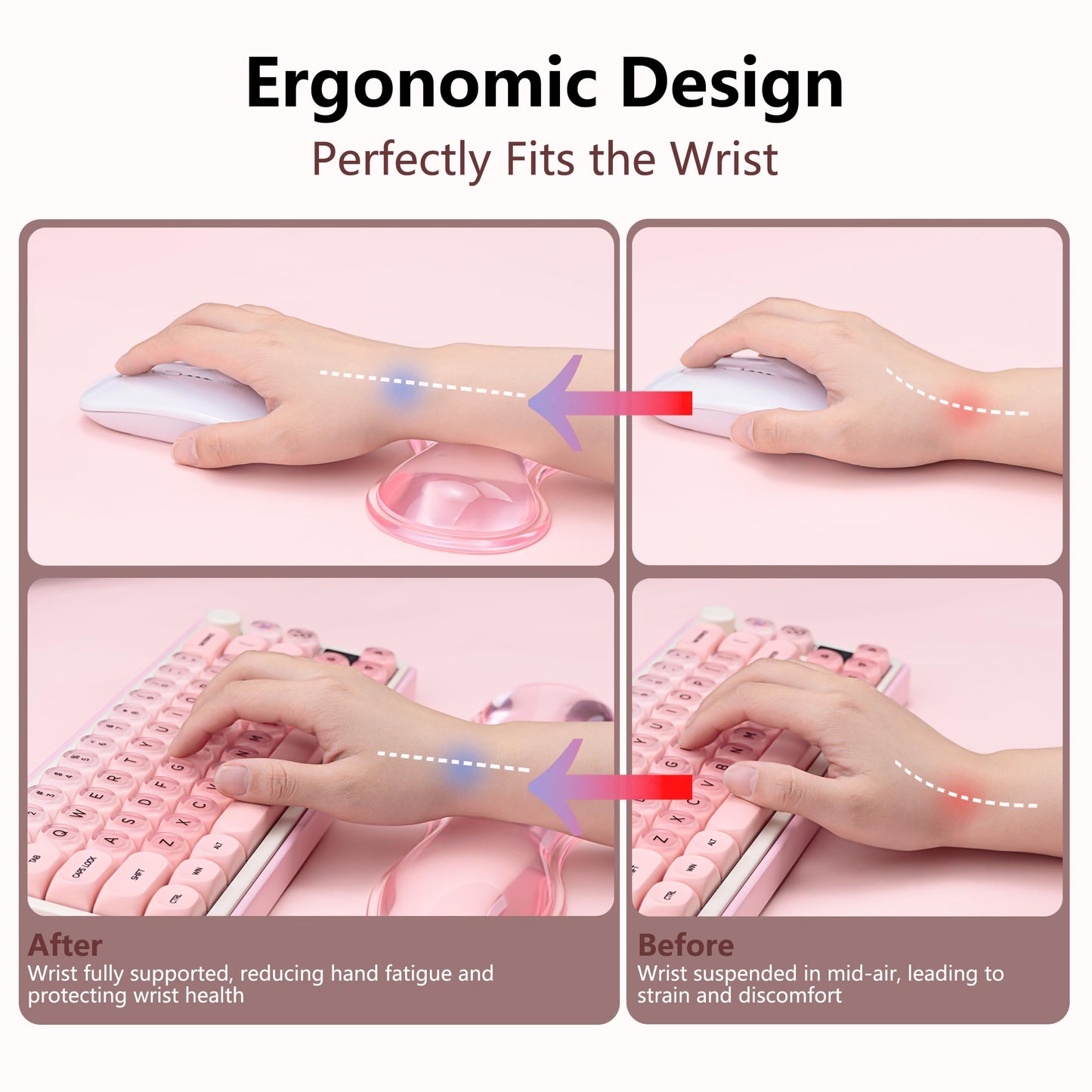 TIMSEKER Gel Wrist Rest for Keyboard and Mouse - Pink Soft Ergonomic Silicone Wrist Rest, Clear Cute Desk Accessories for Gaming, Computer, Laptop