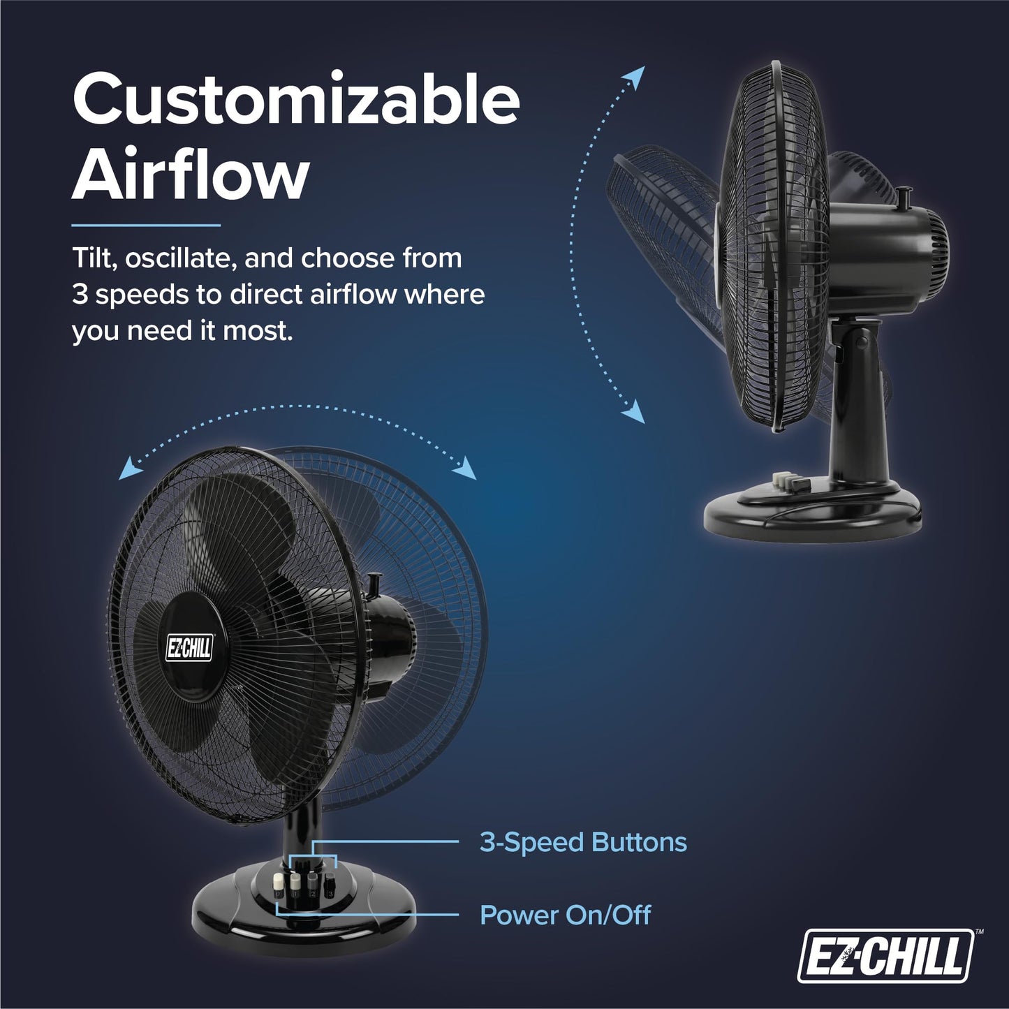 EZ-CHILL 16” Oscillating Table Fan with Adjustable Tilt, Convenient Push Button Controls, Quiet, 3 Speed, Desk Fan, Airflow 15.75 ft/sec, Ideal
