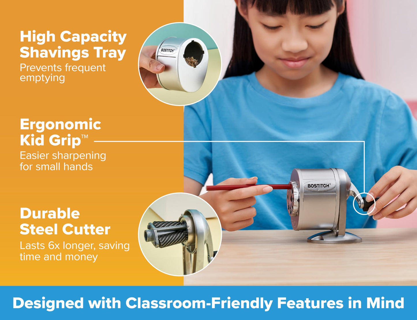 Bostitch Metal Manual Pencil Sharpener, Silver (MPS1-CH)