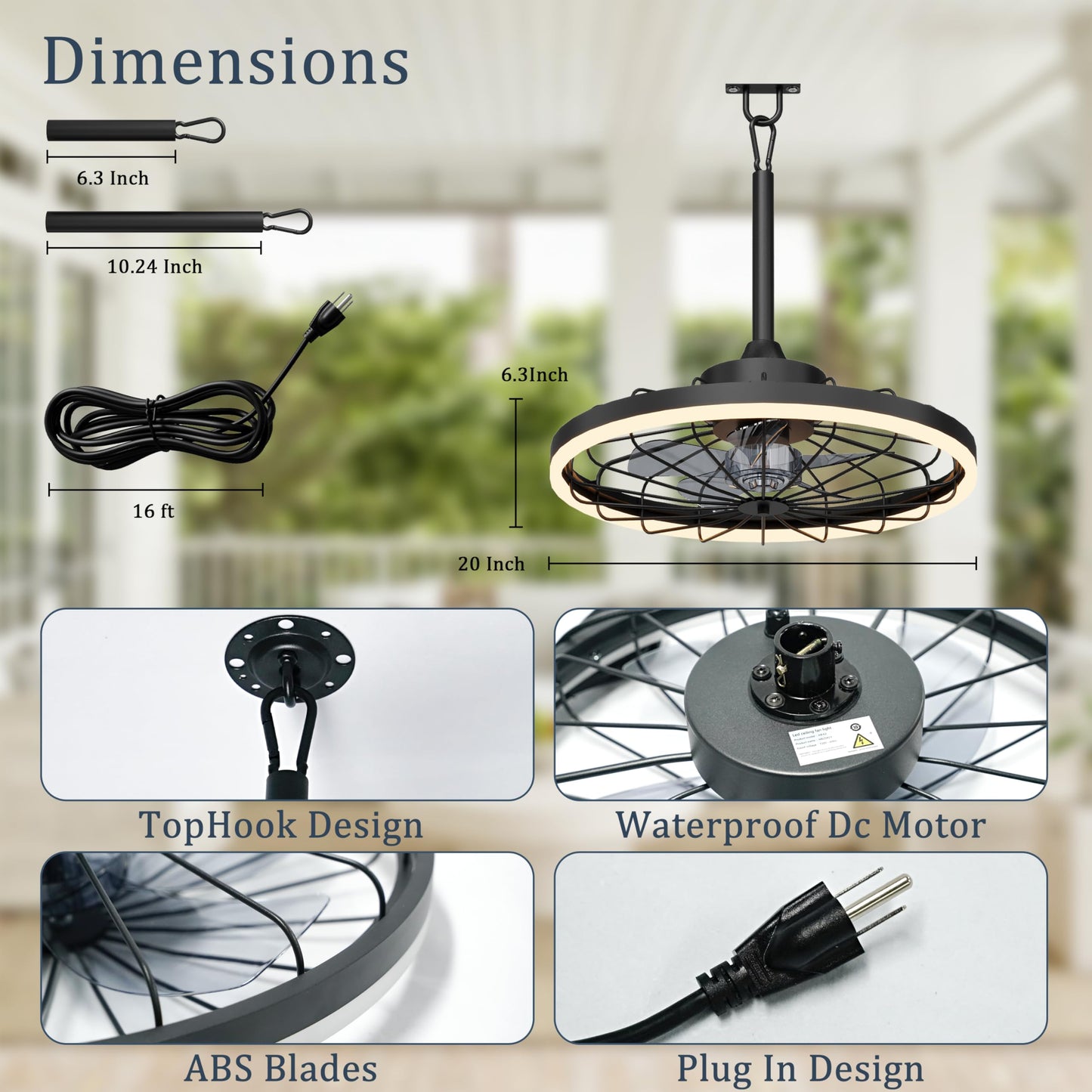 Lanxithen Plug In Outdoor Ceiling Fan, 20 Inch Caged Ceiling Fan with Light