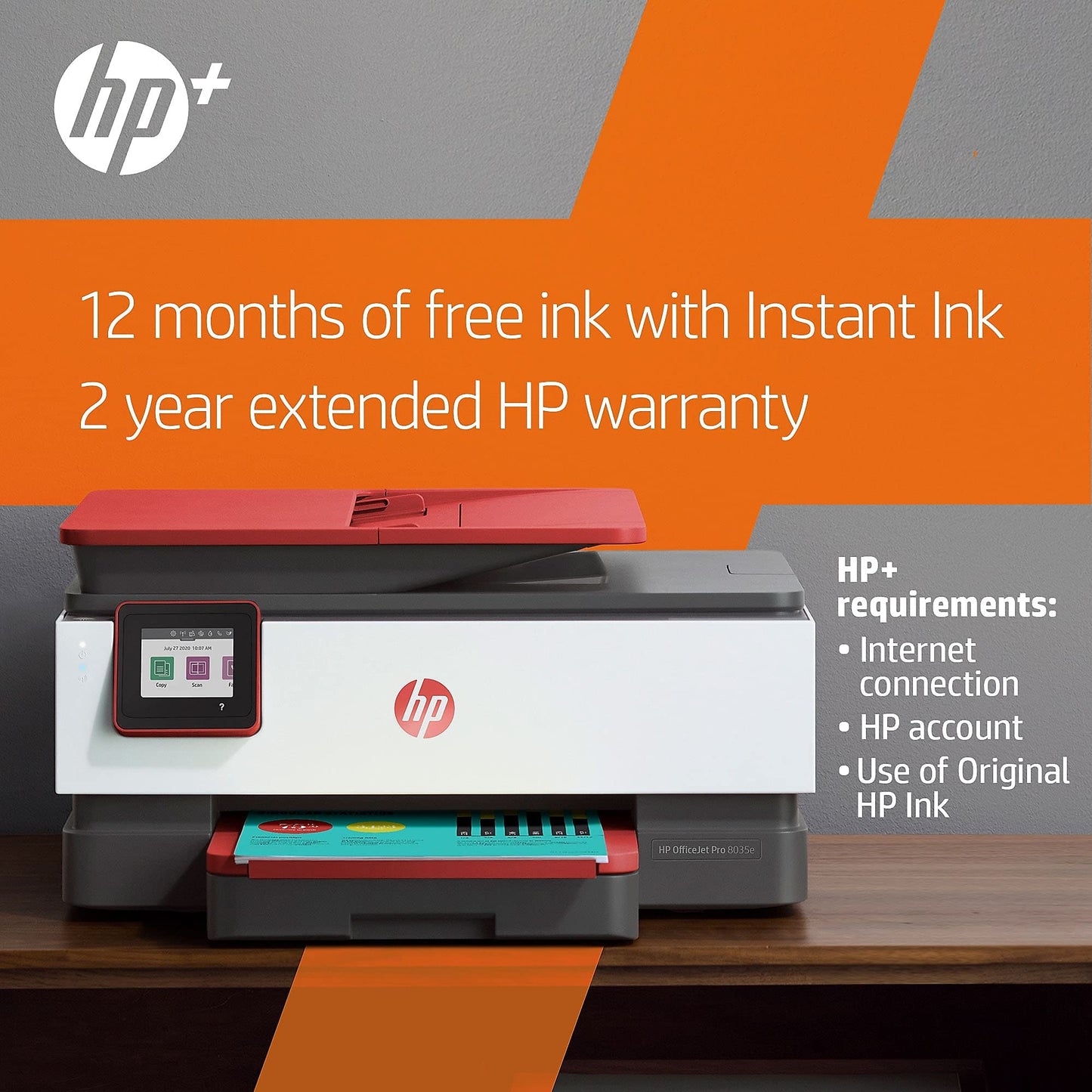 HP OfficeJet Pro 8035e Wireless Color All-in-One Printer (Coral) with up to 12 Months Instant Ink (1L0H8A)