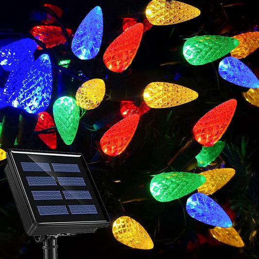 HUGSVIK C6 Solar Christmas Lights Outdoor Waterproof, 21Ft 50LED Colored C6 Strawberry String Lights, 8 Modes Solar Powered Christmas Decorations