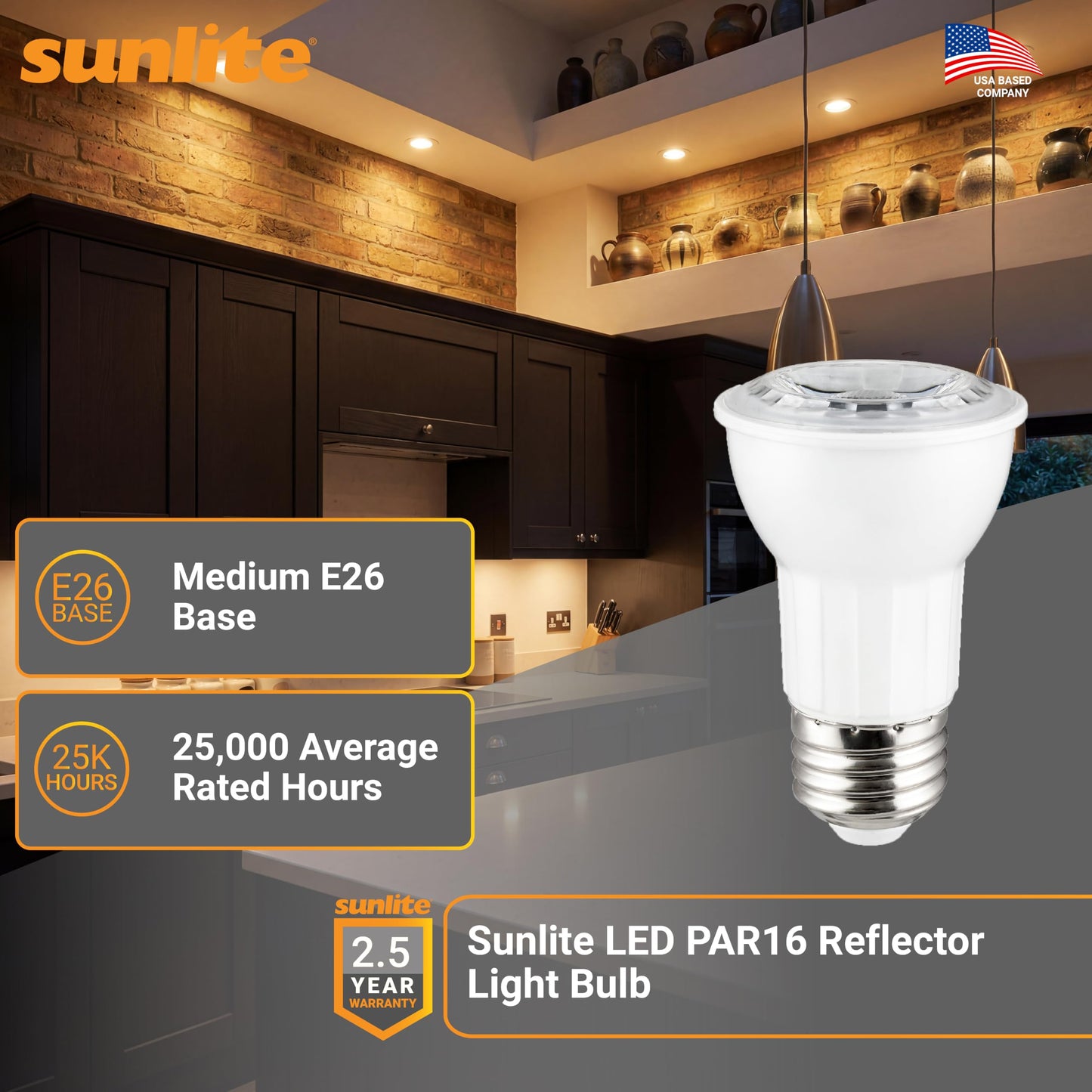 Sunlite LED PAR16 Long Neck Recessed Spotlight Light Bulb, 6 Watts (50W=), 500 Lumens, Medium E26 Base, Dimmable, 90 CRI, ETL Listed, Title-20