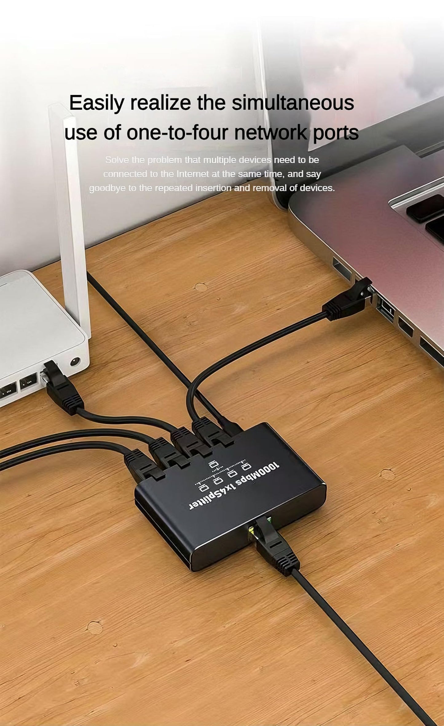 Gigabit Ethernet Splitter 1 to 4, 1000Mbps Network Cable Splitter RJ45 1 in 4 Out, 4-Port LAN Adapter for Router, PC, Smart TV, Camera, Plug and Play