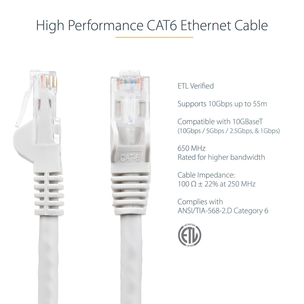 StarTech 50ft CAT6 Cable - White CAT6 Ethernet Cable - Gigabit Ethernet Wire - 250Mhz 100W PoE RJ45 UTP CAT 6 Network Patch Cord Snagless