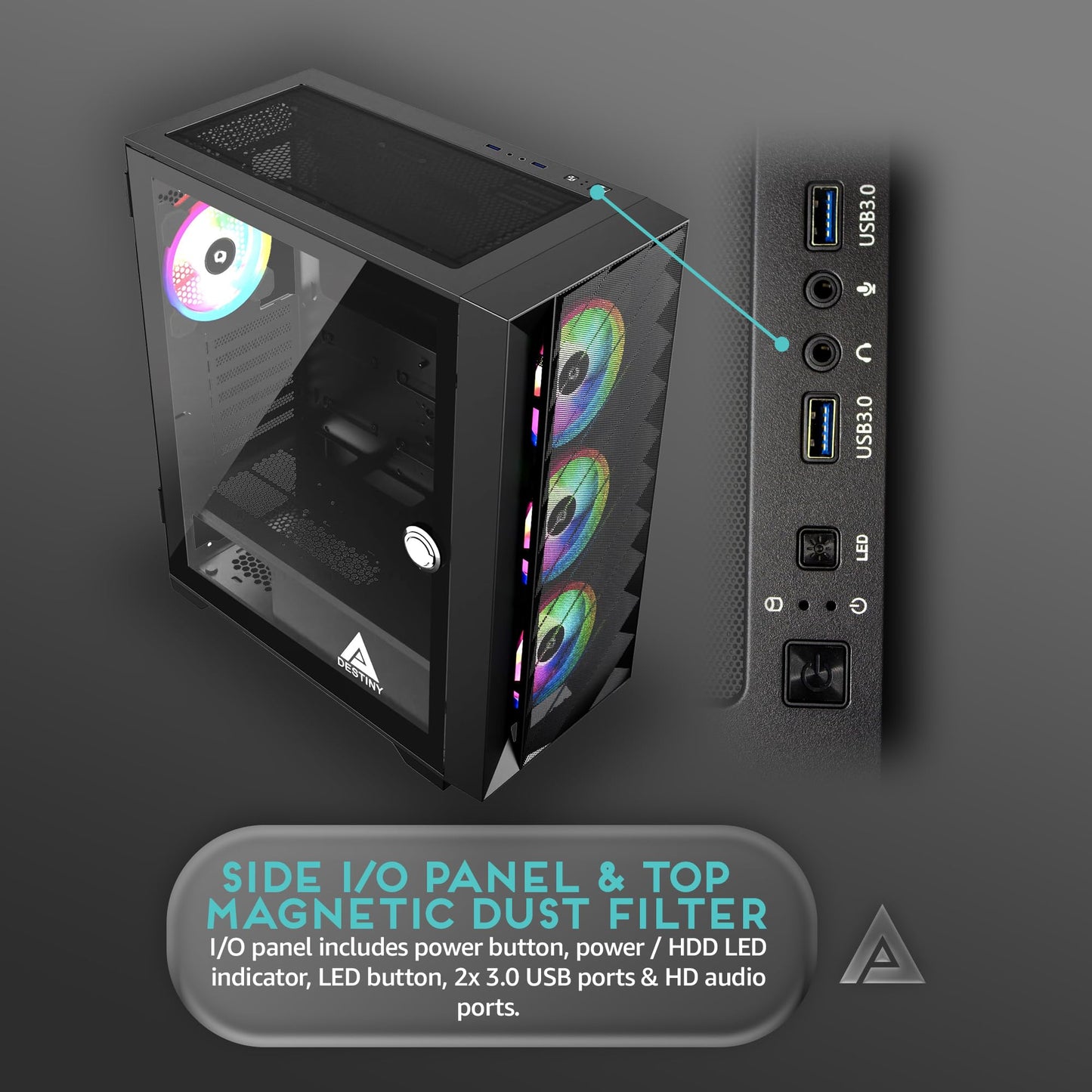 Apevia Destiny-MESH-BK Destiny Mesh Mid Tower Gaming PC Case w/ 4X 120mm ARGB Fans, 366 RGB Light Modes, 1x Metal Mesh Front Panel, 1x Door Swivel