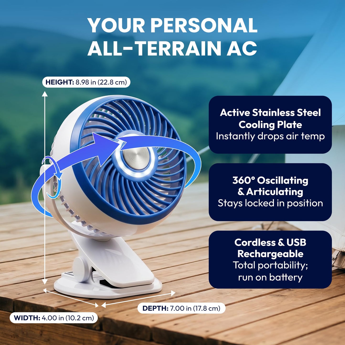Spark Innovators Go Fan Blue Steel Portable Desk Fan with Cooling Plate