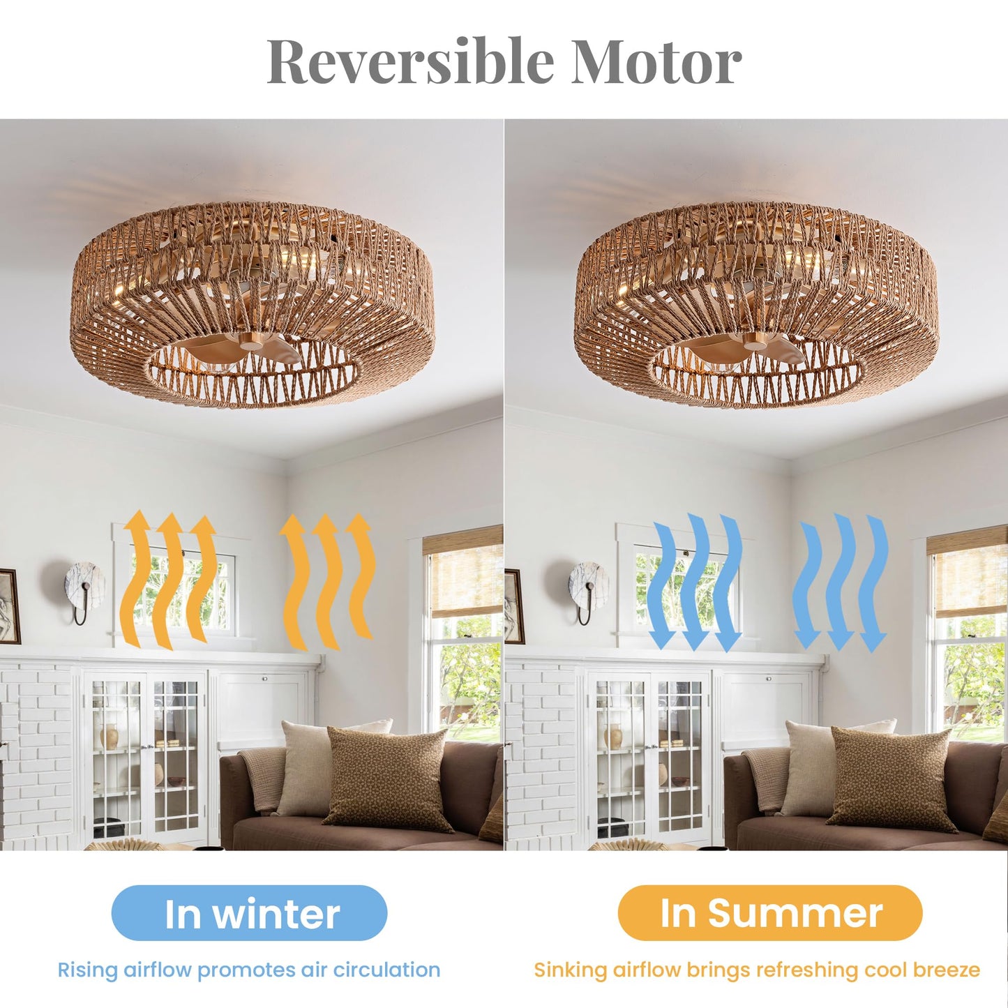 OPKMB 20" Boho Caged Fandelier with Lights Flush Mount Rattan Ceiling Fan with Lights and Remote Control, Enclosed 6 Speeds Low Profile Fan Light