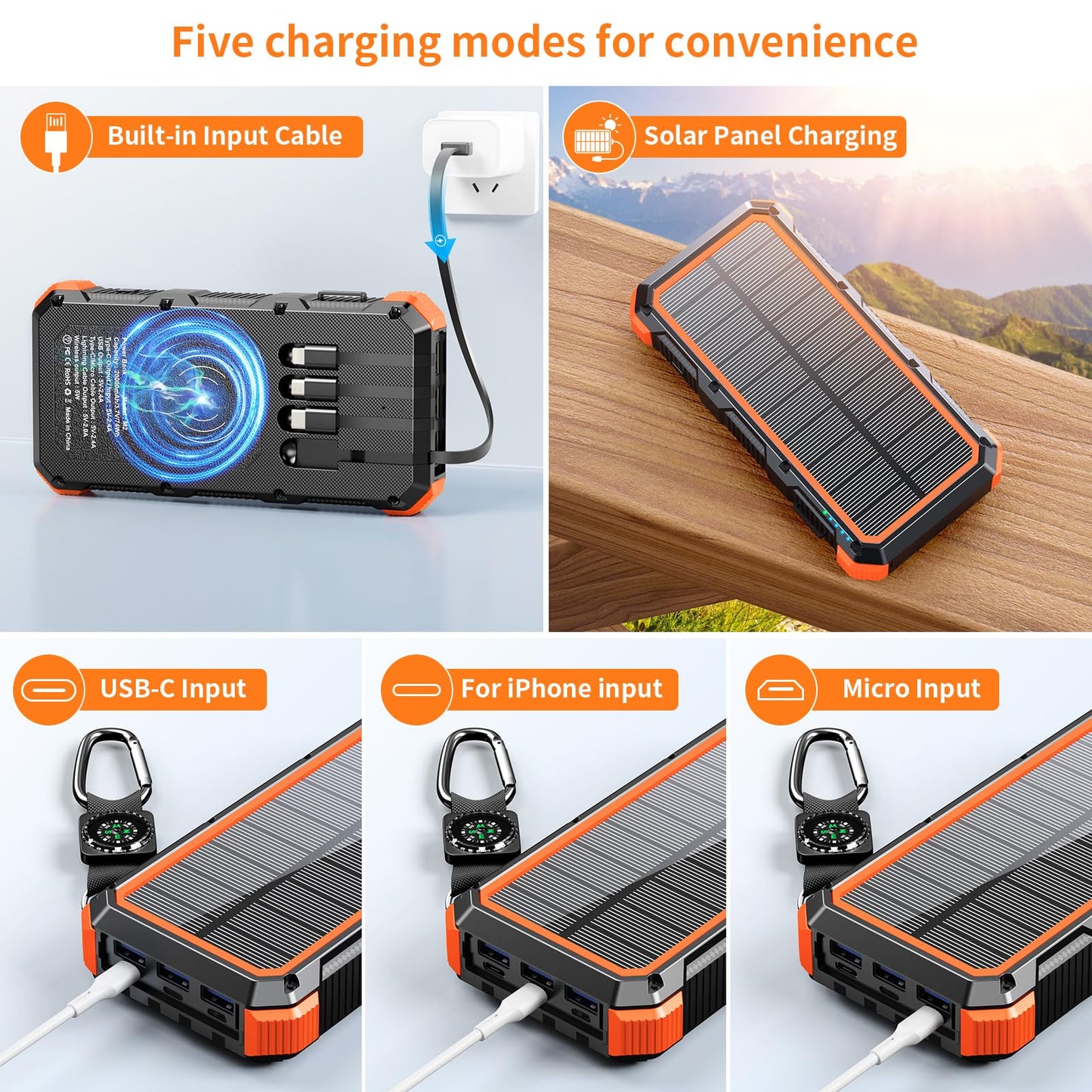 Solar Charger Power Bank 20000mAh Wireless Charger QC 3.0 Fast Charging Power Bank 8 Outputs 4 Inputs Solar Portable Charger Compatible with All