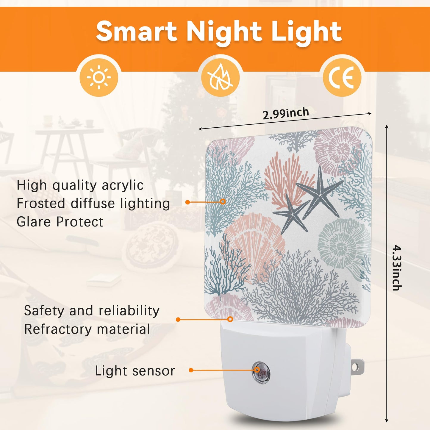 Beach Seashell Coral Starfish Night Light,Plug into Wall with Dusk to Dawn Light Sensors, Nightlights for Bedroom, Bathroom, Hallway, Kitchen, Gifts