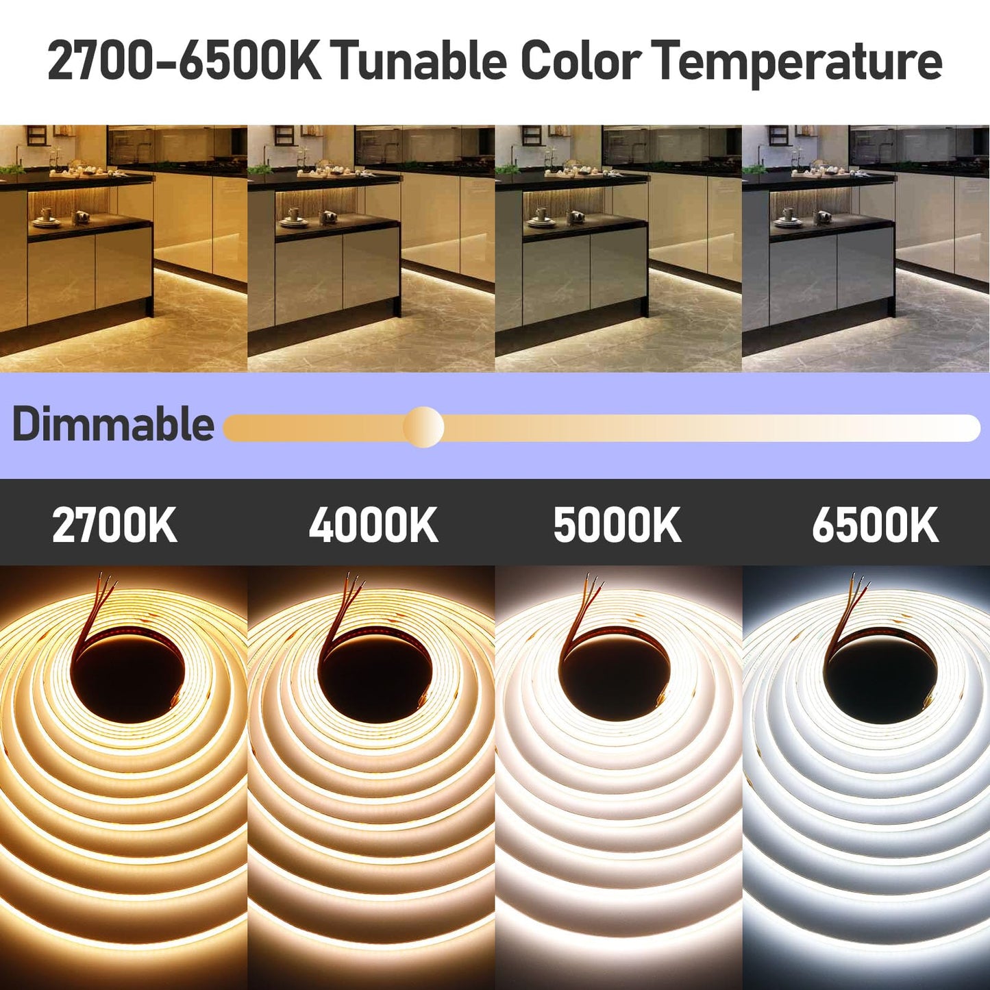 GOMING 24V Spotlight Linear CCT Tunable White COB LED Strip 2700-6500K 16.4ft(5M) 624LEDs/M CRI 93+ IP20 No-Waterproof LED Tape Lights for Home