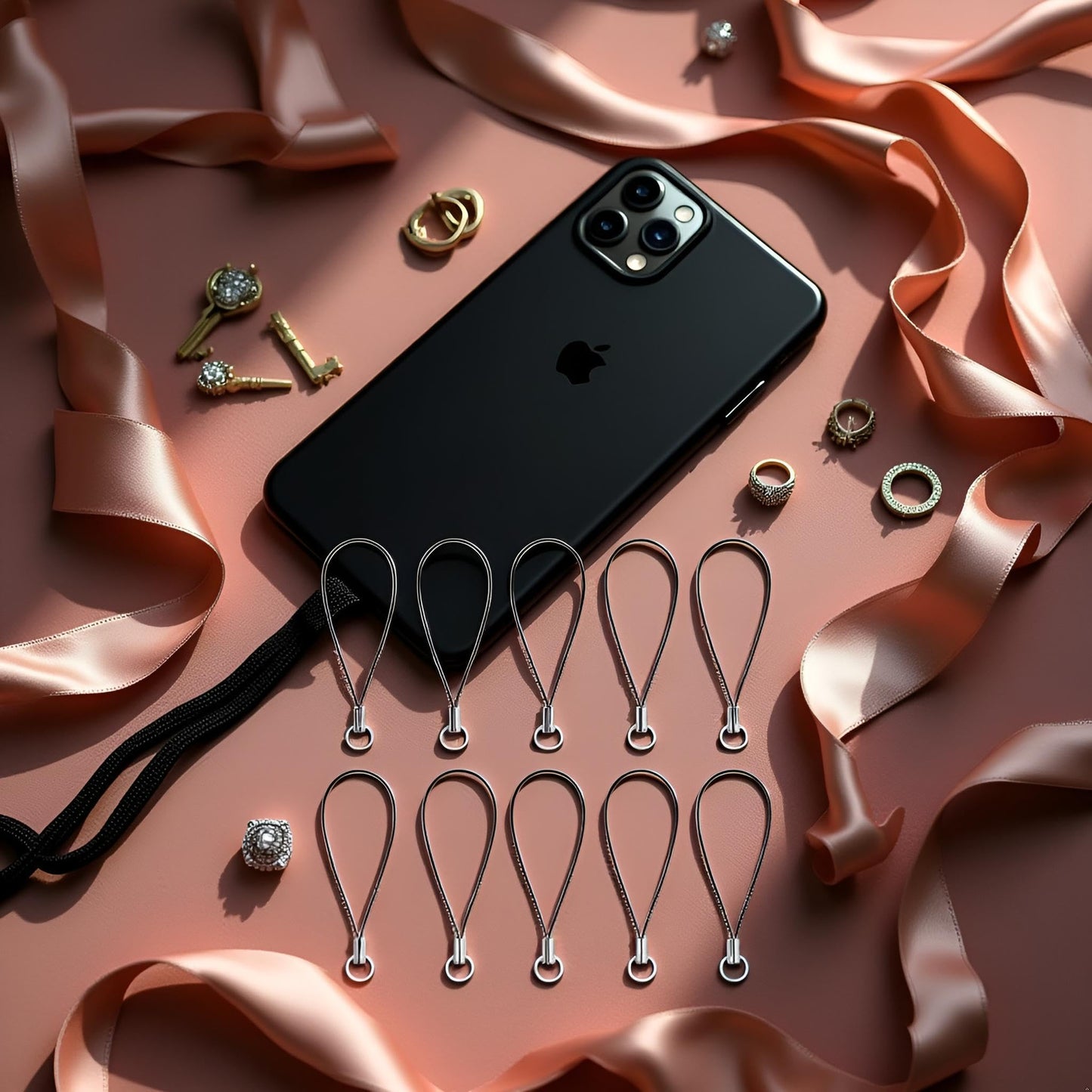 10 Pieces Black Lanyard Phone Ring Strap For Mobile Lariat Lanyard Cell Phone Split Ring Strap Sliver Tone Split Ring Cellphone Strap Charm Cords