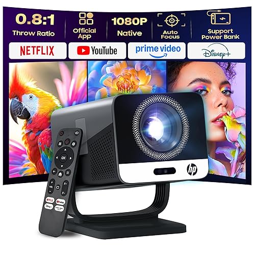 HP MC475 Official Licensed App Native 1080P Full HD Smart Mini Projector with WiFi & Bluetooth, Portable Projector for Outdoor & Bedroom, Short Throw