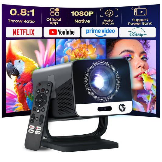 HP MC475 Official Licensed App Native 1080P Full HD Smart Mini Projector with WiFi & Bluetooth, Portable Projector for Outdoor & Bedroom, Short Throw