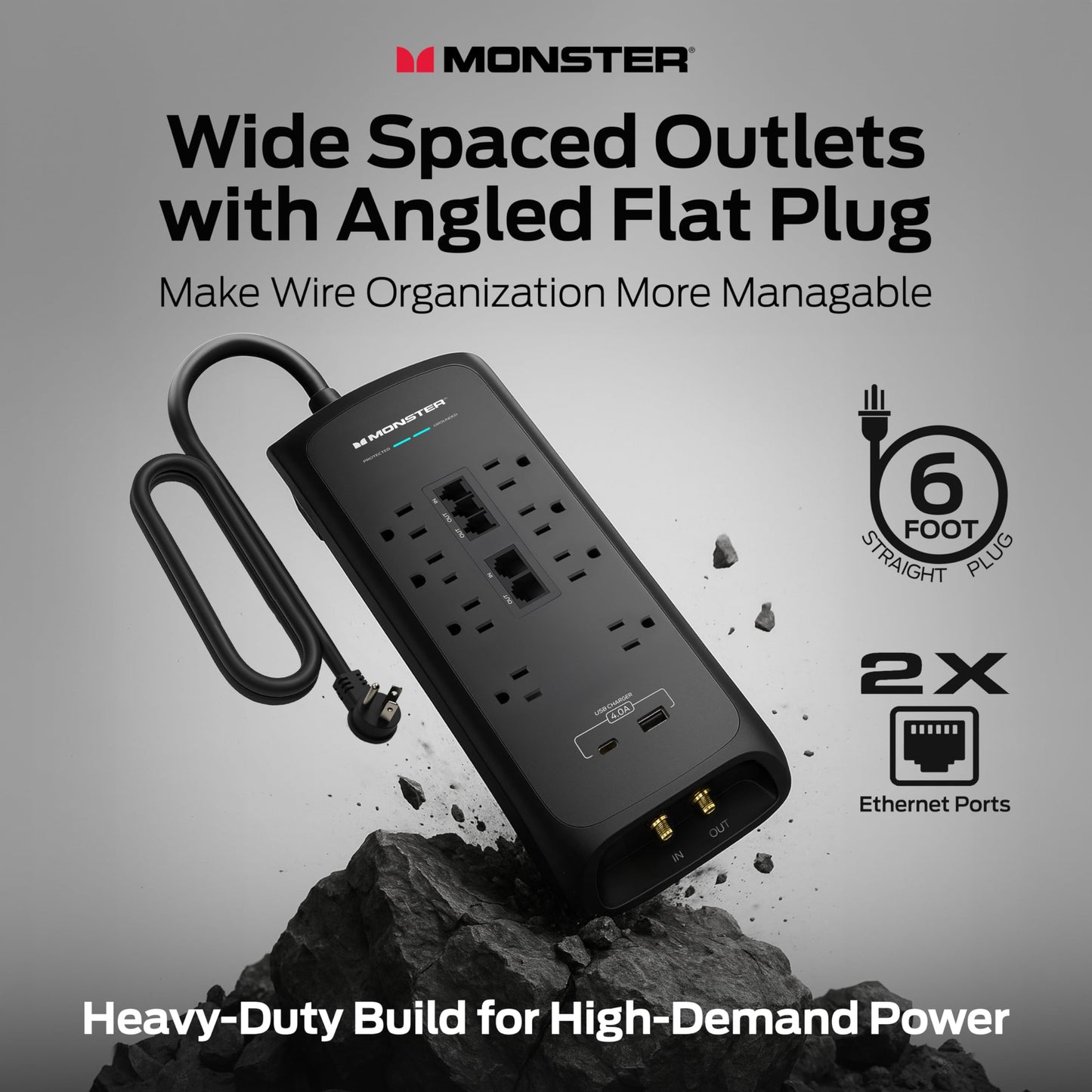 Monster Power Surge Protector w/ 4,050 Jules Rating - Heavy Duty Power Strips with Surge Protection, 8 Outlets, USB-A & USB-C, 2 Coax, 5 Ethernet