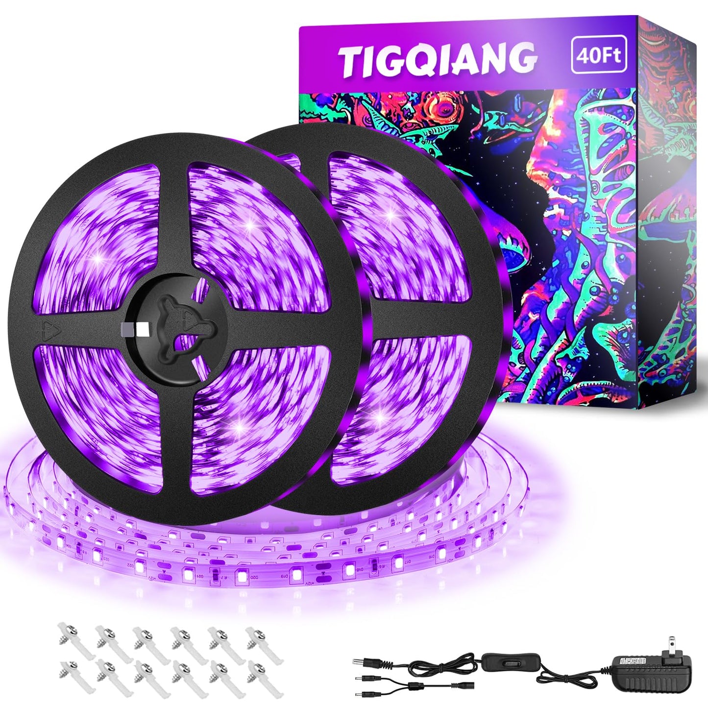 TigQiang Black Light Strip, 40ft/12M Flexible LED Black Light with kit, 720 lamp Beads, 12V LED Light, Non-Waterproof for Indoor Fluorescent Dance